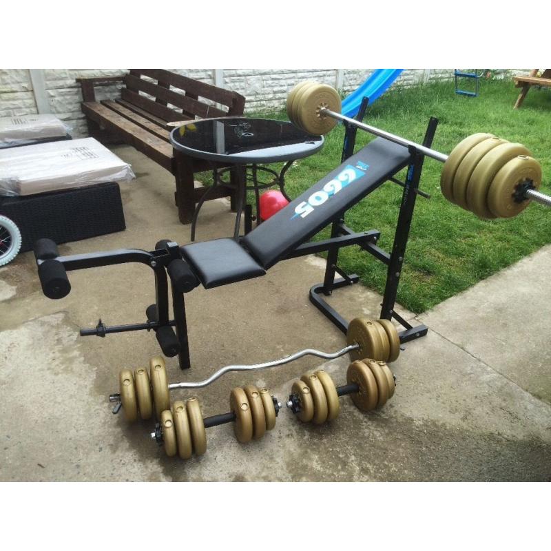 YORK WEIGHTS BENCH WITH BARBELL, CURLING BAR, SET OF DUMBELLS AND 73KG OF YORK WEIGHTS