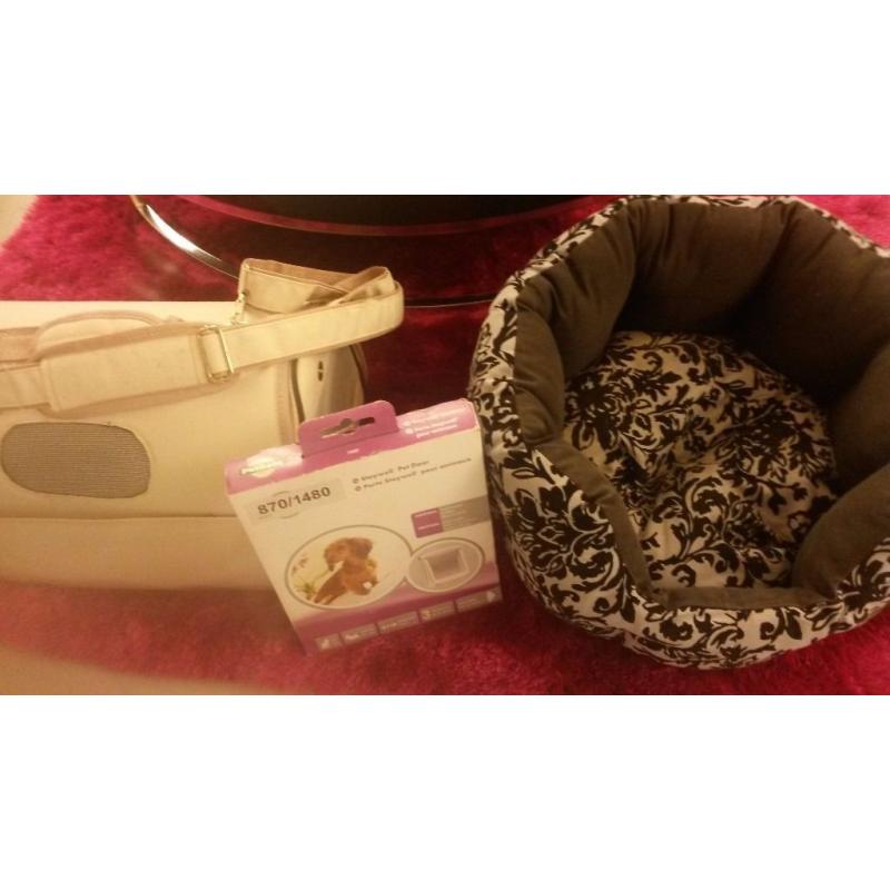 Dog or cat bed, carry bag, and door flap bundle
