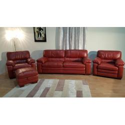 Ex-display Carolina red leather 3 seater, 2 armchairs and storage footstool