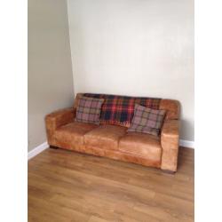Distressed brown leather three-seater sofa - excellent condition