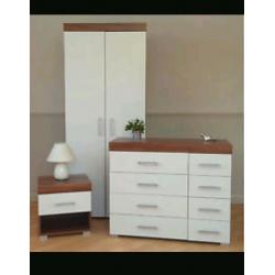 4 Piece Bedroom Set Wardrobe, 2 Bedside Cabinets, Chest of Drawers White&Walnut