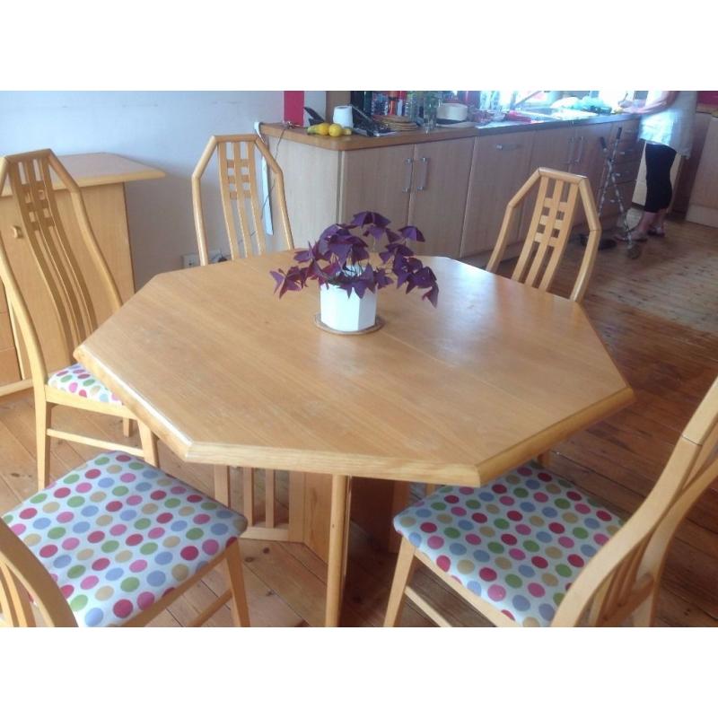 Extending dining table, 8 chairs and sideboard light coloured wood