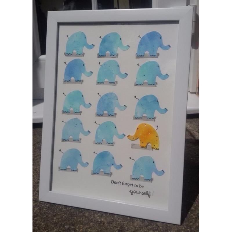 Birthday/Best friend gift - handmade picture with 15 watercolour elephants in a white wooden frame