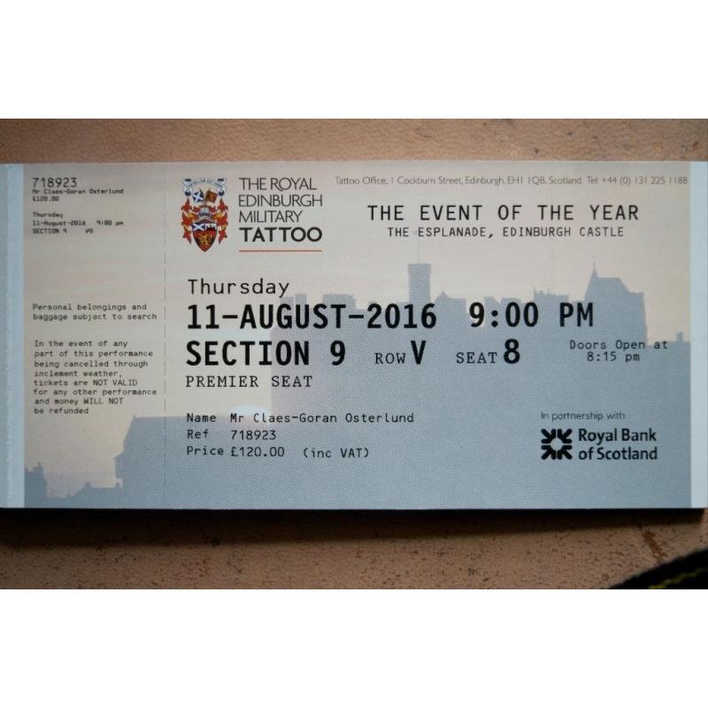 Edinburgh Military Tattoo Premier Seat tickets x 6. Valid 9pm Thursday August 11th, 2016.