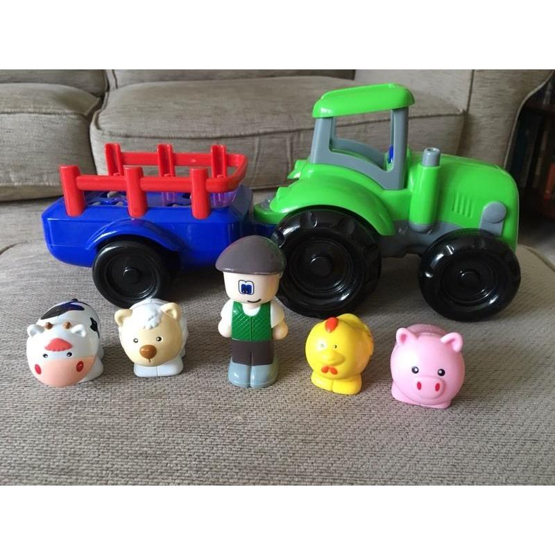 Children's tractor with pull along trailer, farmer and noisy animals