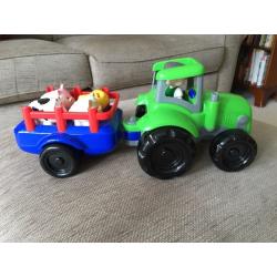 Children's tractor with pull along trailer, farmer and noisy animals