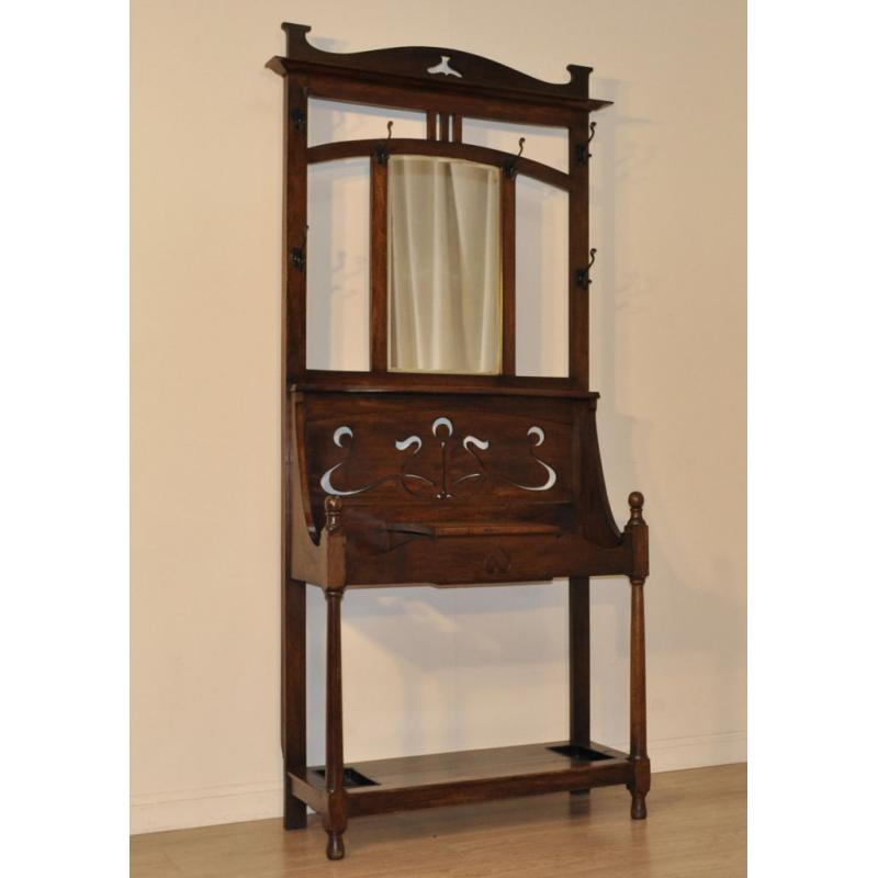 Attractive Antique Victorian Arts & Crafts Oak Mirror Back Hall Coat Stick Stand