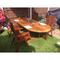 Teak Extendable Table, 4 Fully Reclining Quality Chairs & 3 Metre Parasol With Cover