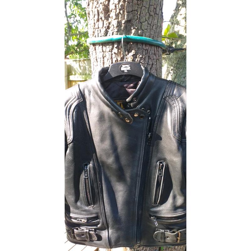 JTS Black Leather Motorcycle Jacket. Size Small.