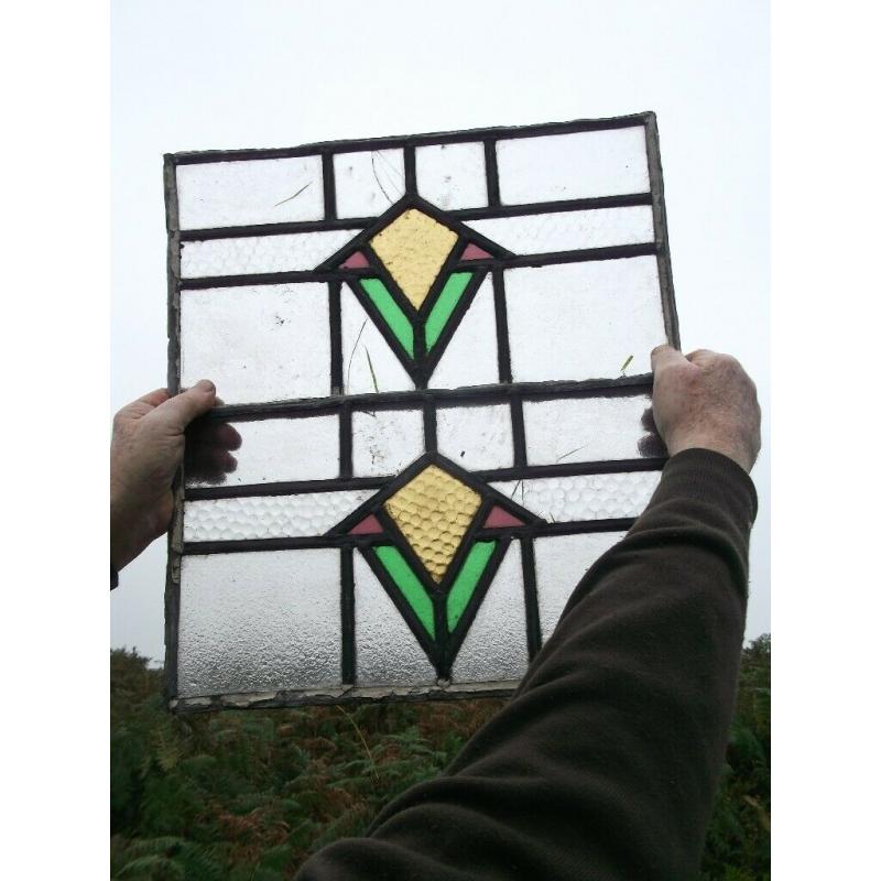 PAIR OF VINTAGE STAINED GLASS WINDOW PANES * ART DECO *