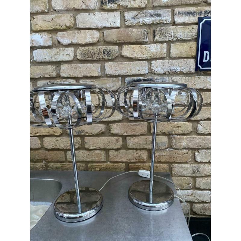 Two stainless steel and crystal drop lights
